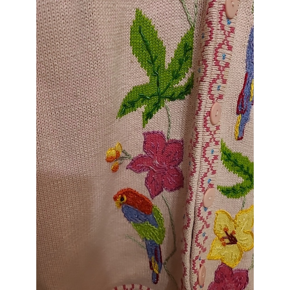 Storybook Sweater Womens Medium Pink Parrots Tropical Cardigan Floral - Picture 5 of 7